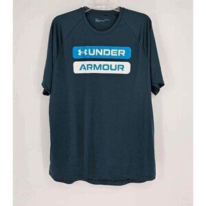 Under Armour Mens Blue Green Athletic Stacked Logo Front Lightweight Shirt Sz Lg